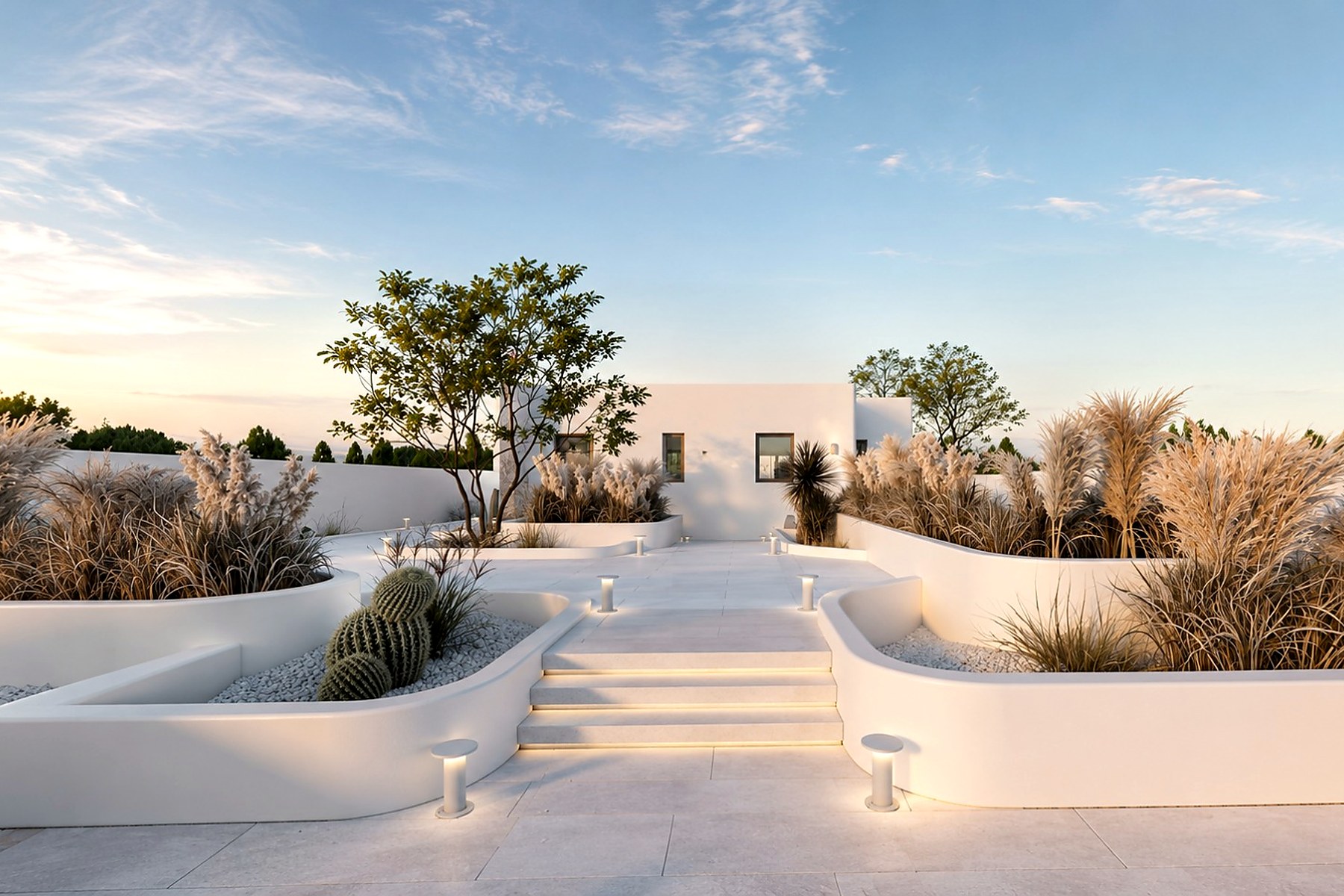 Cycladic coastal villa terrace with pampas grasses and step-lit pathway at sunset, Milos